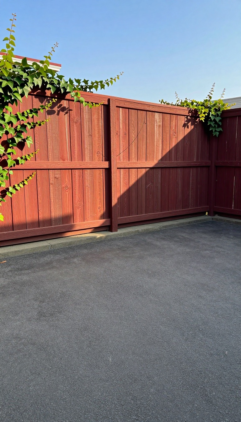 The courtyard scene in front of the red wooden fence with ivy